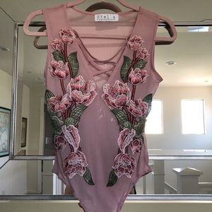 pink mesh bodysuit with floral detail